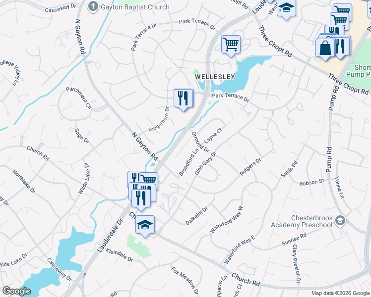map of restaurants, bars, coffee shops, grocery stores, and more near 2917 Broadford Terrace in Richmond