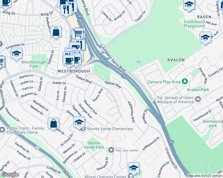map of restaurants, bars, coffee shops, grocery stores, and more near 2225 Derry Way in South San Francisco