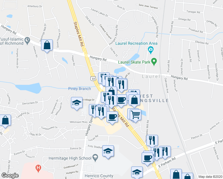 map of restaurants, bars, coffee shops, grocery stores, and more near 9121 Staples Mill Road in Henrico