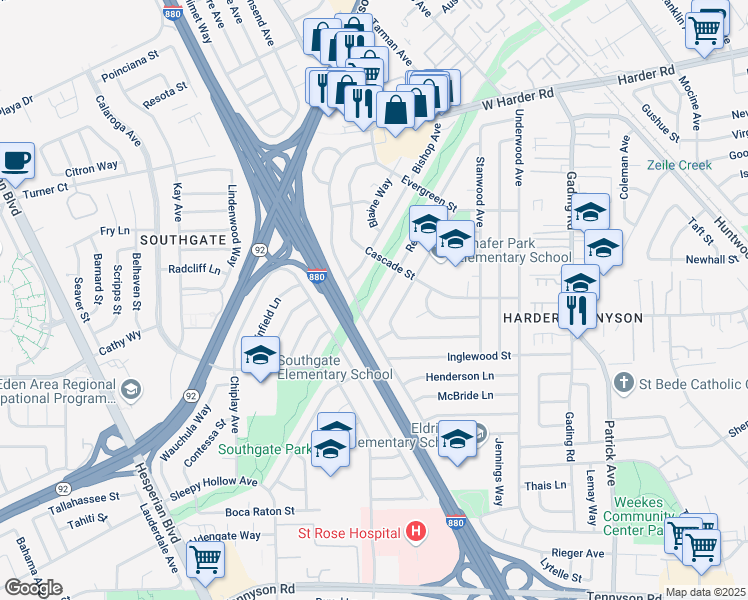map of restaurants, bars, coffee shops, grocery stores, and more near 26358 Regal Avenue in Hayward