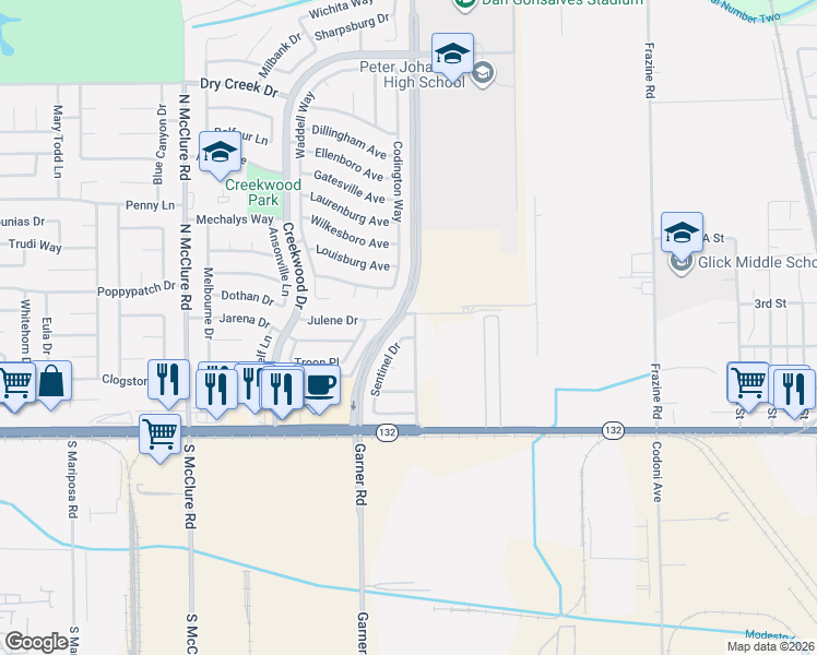 map of restaurants, bars, coffee shops, grocery stores, and more near 241 Yosemite Meadows Drive in Modesto