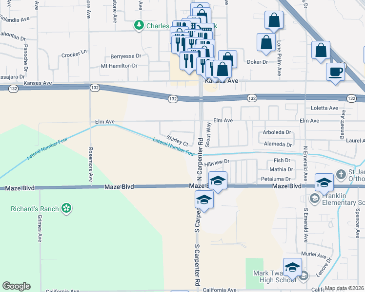 map of restaurants, bars, coffee shops, grocery stores, and more near 1648 Shirley Court in Modesto