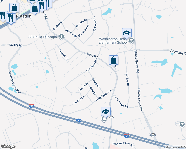 map of restaurants, bars, coffee shops, grocery stores, and more near 8458 Rainey Drive in Mechanicsville