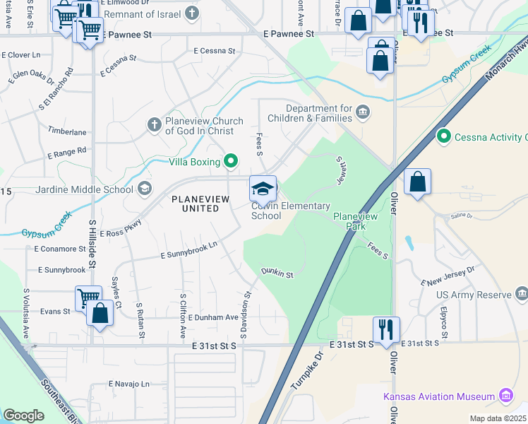 map of restaurants, bars, coffee shops, grocery stores, and more near 2820 South Roosevelt Street in Wichita