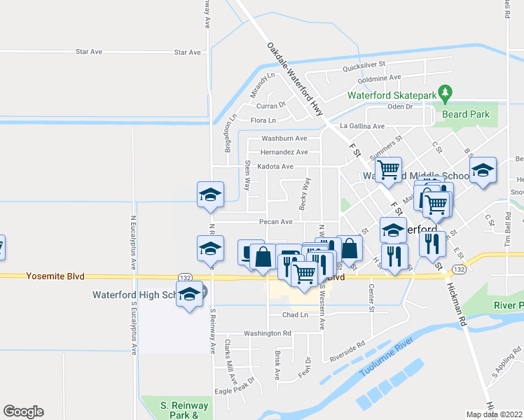 map of restaurants, bars, coffee shops, grocery stores, and more near 12076 Pecan Avenue in Waterford