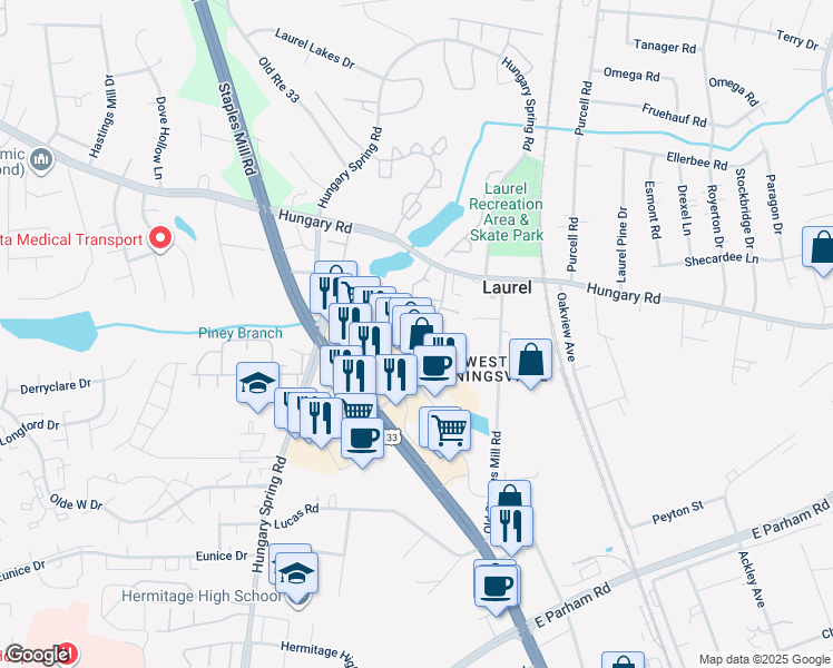 map of restaurants, bars, coffee shops, grocery stores, and more near 9118 Silverbush Drive in Henrico