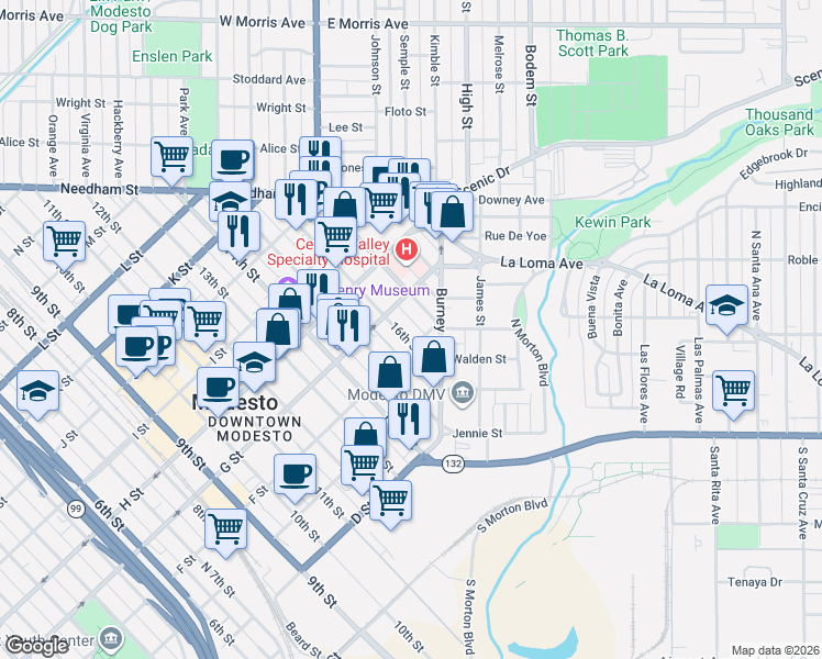 map of restaurants, bars, coffee shops, grocery stores, and more near 602 16th Street in Modesto