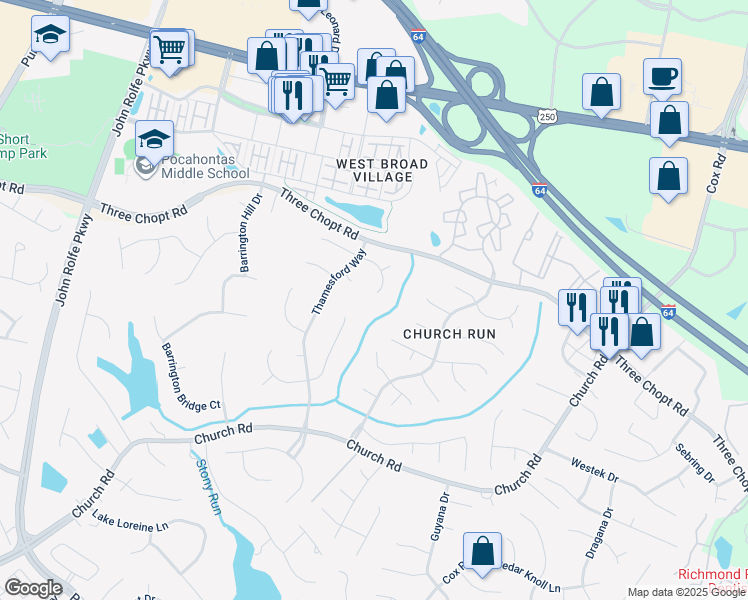 map of restaurants, bars, coffee shops, grocery stores, and more near 11401 Harcourt Terrace in Henrico