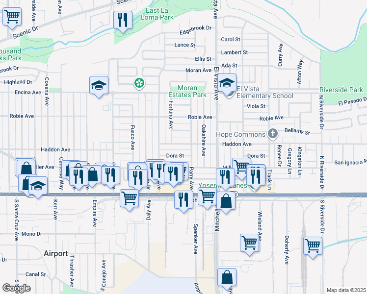 map of restaurants, bars, coffee shops, grocery stores, and more near 2042 Haddon Avenue in Modesto