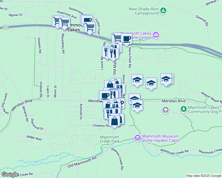 map of restaurants, bars, coffee shops, grocery stores, and more near 361 Old Mammoth Road in Mammoth Lakes