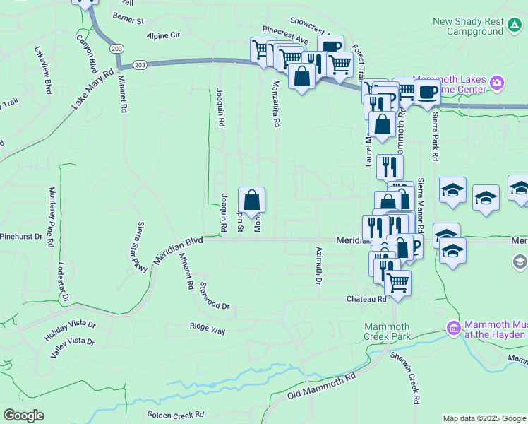 map of restaurants, bars, coffee shops, grocery stores, and more near 484 Manzanita Road in Mammoth Lakes
