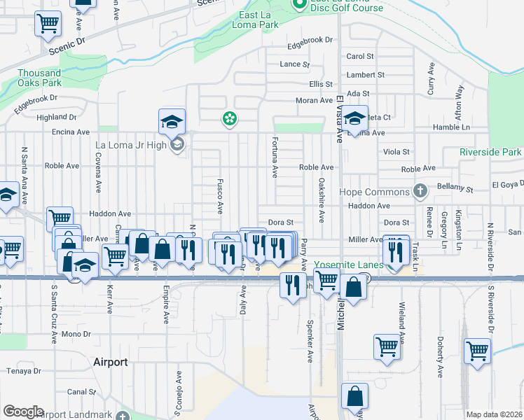 map of restaurants, bars, coffee shops, grocery stores, and more near 2017 Dora Street in Modesto