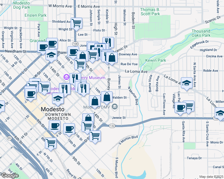 map of restaurants, bars, coffee shops, grocery stores, and more near 109 Walden Street in Modesto