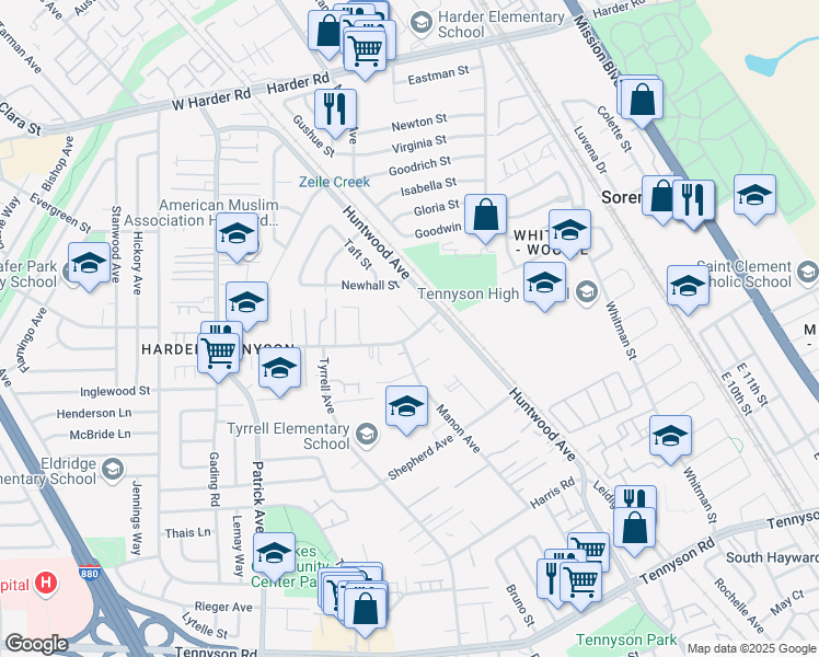 map of restaurants, bars, coffee shops, grocery stores, and more near 312 Schafer Road in Hayward