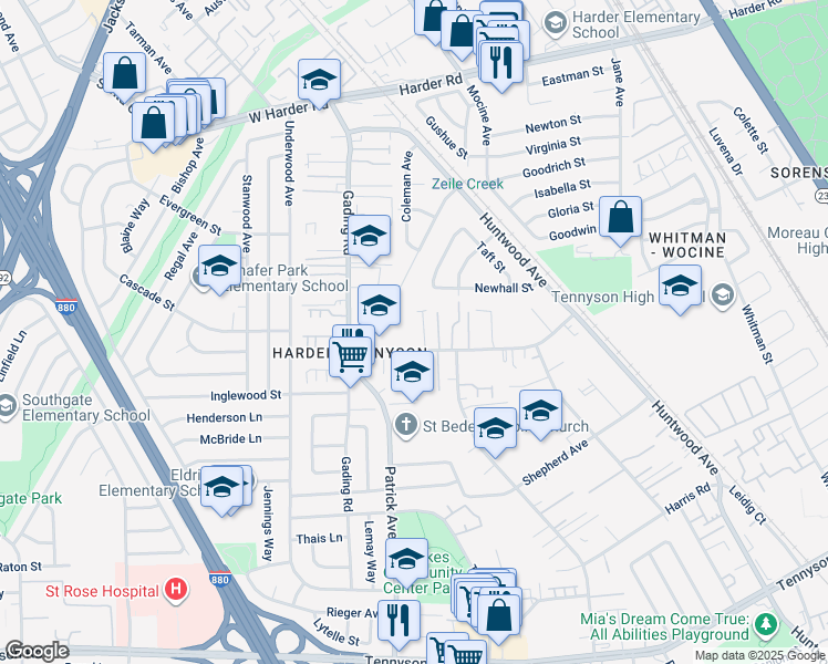 map of restaurants, bars, coffee shops, grocery stores, and more near 876 Schafer Road in Hayward