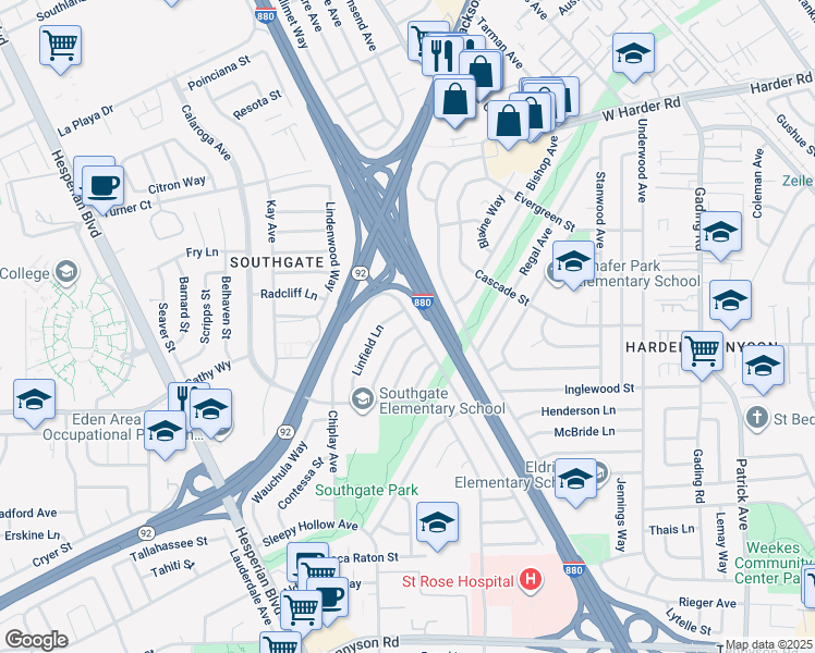 map of restaurants, bars, coffee shops, grocery stores, and more near 1223 Thornwall Lane in Hayward