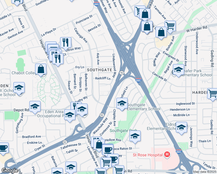 map of restaurants, bars, coffee shops, grocery stores, and more near 1256 Stanhope Lane in Hayward