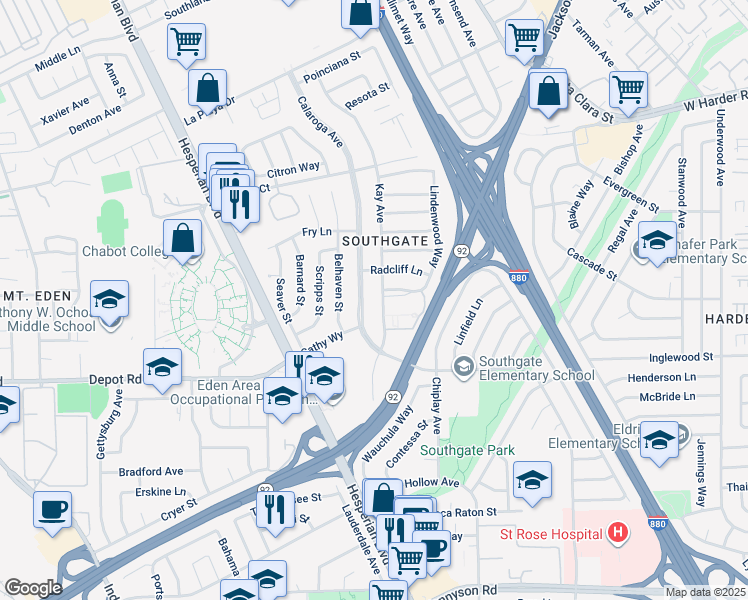 map of restaurants, bars, coffee shops, grocery stores, and more near 25862 Calaroga Avenue in Hayward