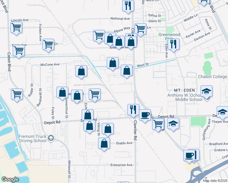 map of restaurants, bars, coffee shops, grocery stores, and more near 24701 Clawiter Road in Hayward