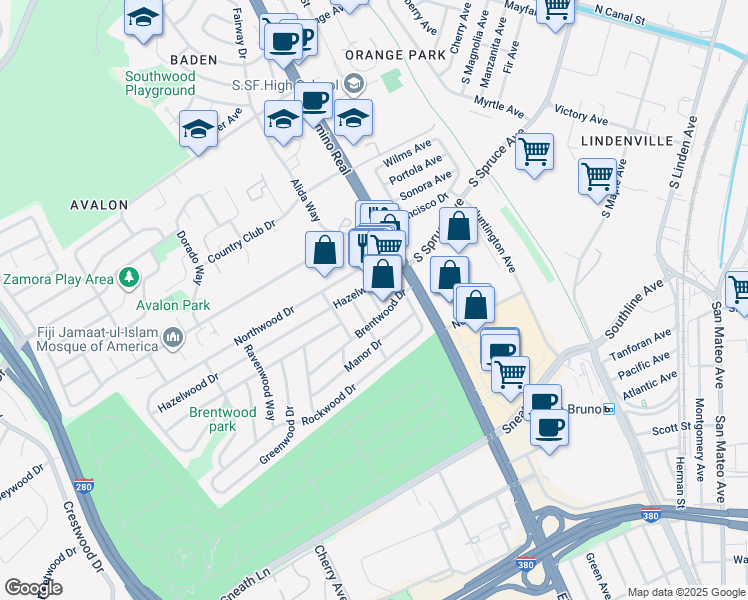 map of restaurants, bars, coffee shops, grocery stores, and more near 212 Pinehurst Way in South San Francisco