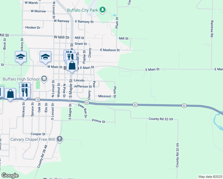 map of restaurants, bars, coffee shops, grocery stores, and more near 621 Missouri Street in Buffalo