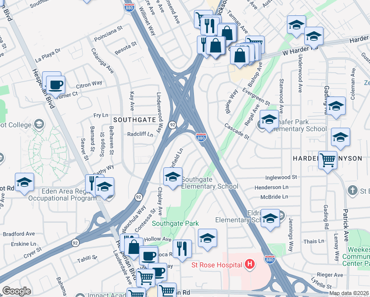map of restaurants, bars, coffee shops, grocery stores, and more near 1252 Linfield Lane in Hayward