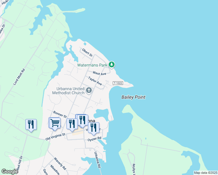 map of restaurants, bars, coffee shops, grocery stores, and more near 385 Lansdowne Court in Urbanna