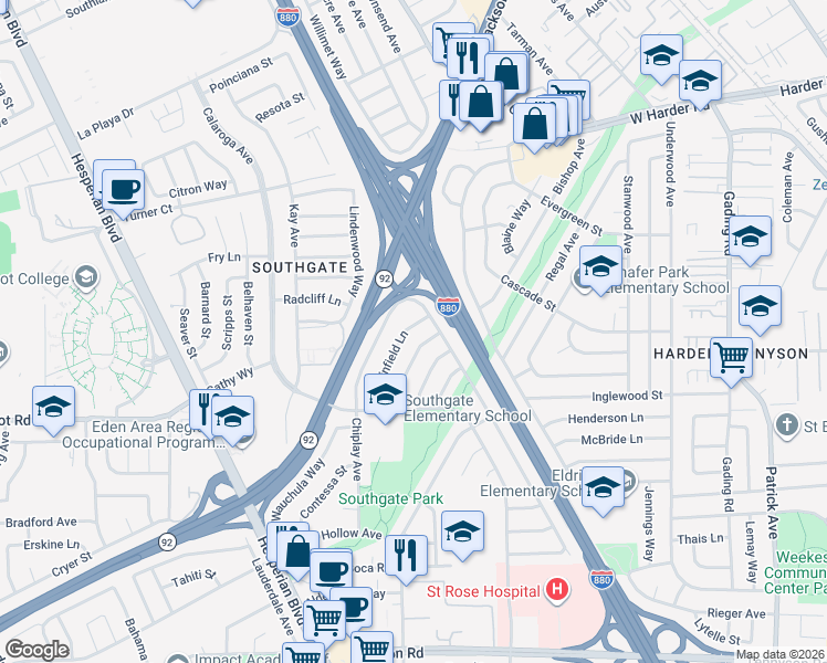 map of restaurants, bars, coffee shops, grocery stores, and more near 1252 Linfield Lane in Hayward
