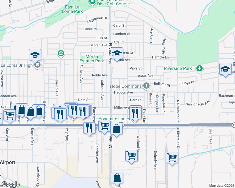 map of restaurants, bars, coffee shops, grocery stores, and more near 237 Cloverdale Avenue in Modesto