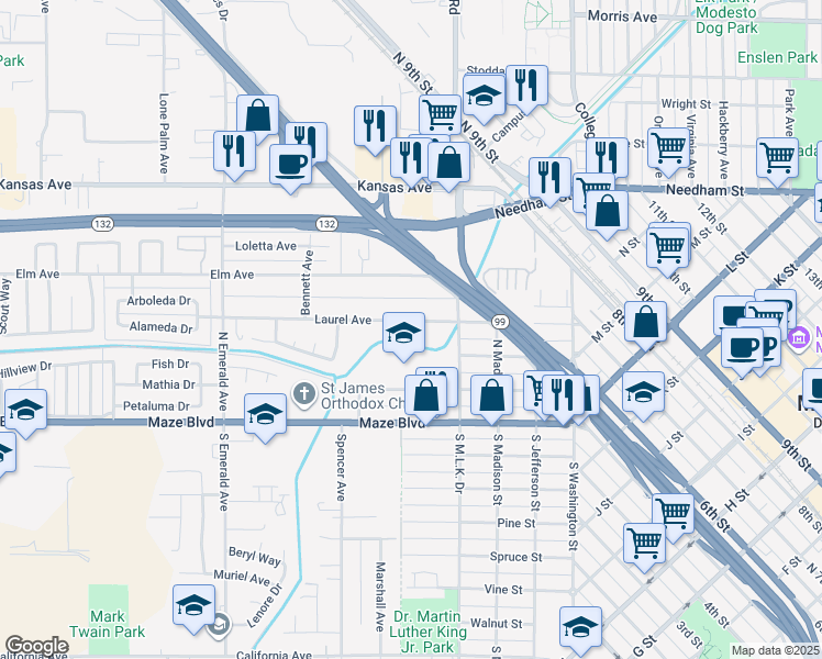 map of restaurants, bars, coffee shops, grocery stores, and more near 417 Laurel Avenue in Modesto