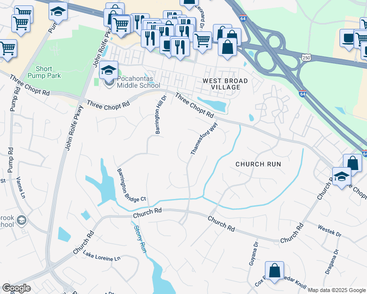 map of restaurants, bars, coffee shops, grocery stores, and more near 3824 Thamesford Way in Richmond
