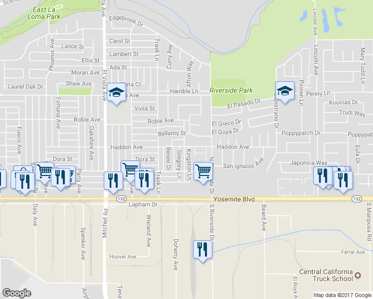 map of restaurants, bars, coffee shops, grocery stores, and more near 2500 Haddon Avenue in Modesto