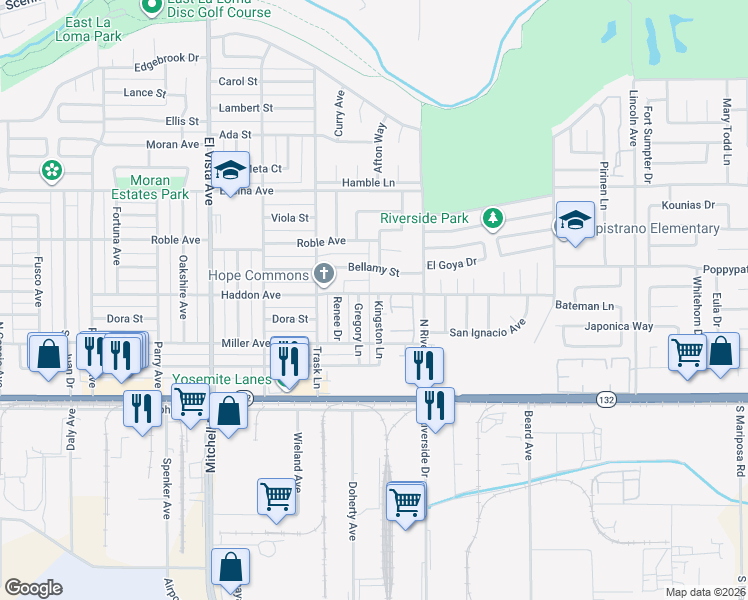 map of restaurants, bars, coffee shops, grocery stores, and more near 221 Gregory Lane in Modesto