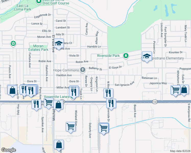 map of restaurants, bars, coffee shops, grocery stores, and more near 2500 Haddon Avenue in Modesto
