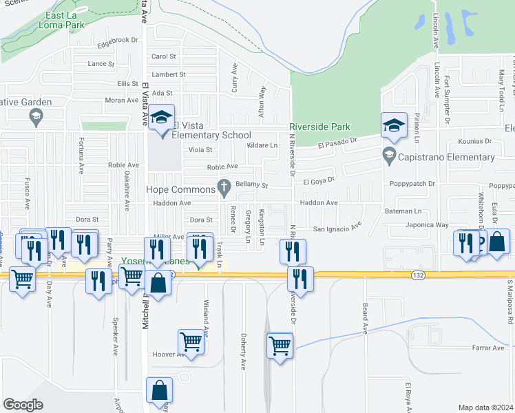map of restaurants, bars, coffee shops, grocery stores, and more near 2502 Haddon Avenue in Modesto