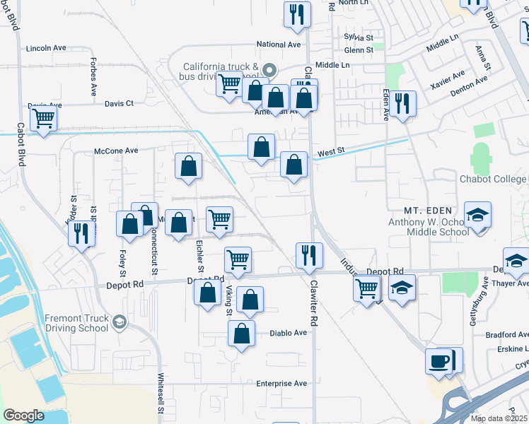 map of restaurants, bars, coffee shops, grocery stores, and more near 24493 Clawiter Road in Hayward