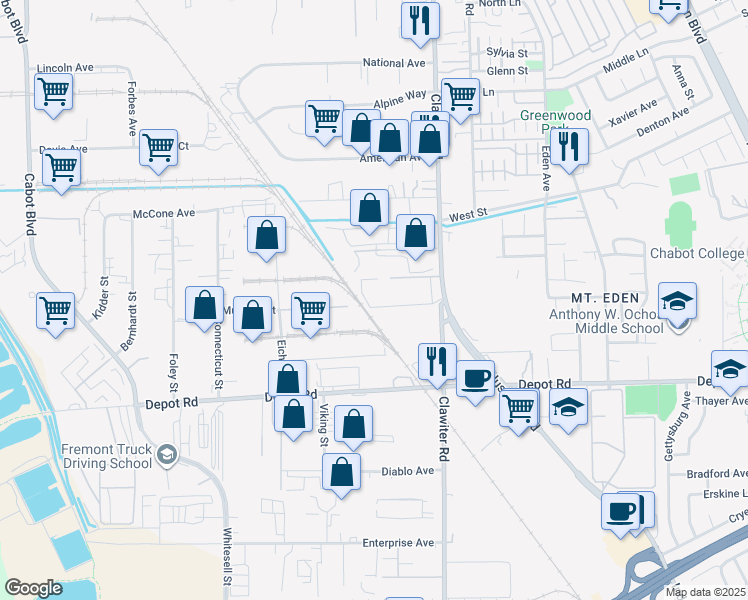 map of restaurants, bars, coffee shops, grocery stores, and more near 24493 Clawiter Road in Hayward