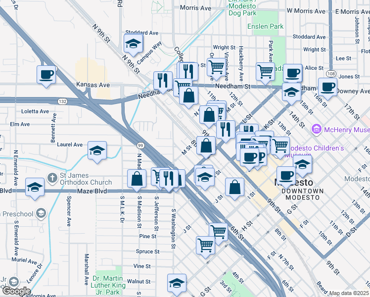 map of restaurants, bars, coffee shops, grocery stores, and more near 1231 7th Street in Modesto