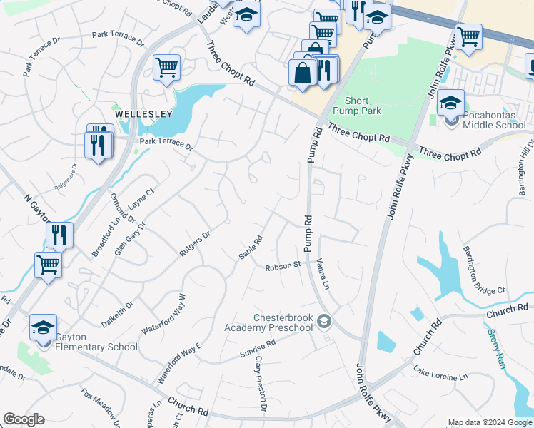 map of restaurants, bars, coffee shops, grocery stores, and more near 12101 Carmon Court in Henrico