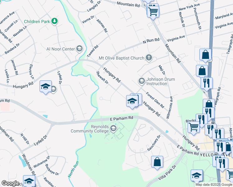 map of restaurants, bars, coffee shops, grocery stores, and more near 1715 Shewalt Drive in Richmond