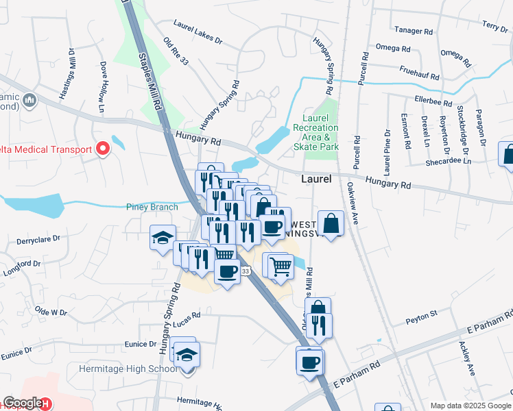 map of restaurants, bars, coffee shops, grocery stores, and more near 9126 Silverbush Drive in Henrico