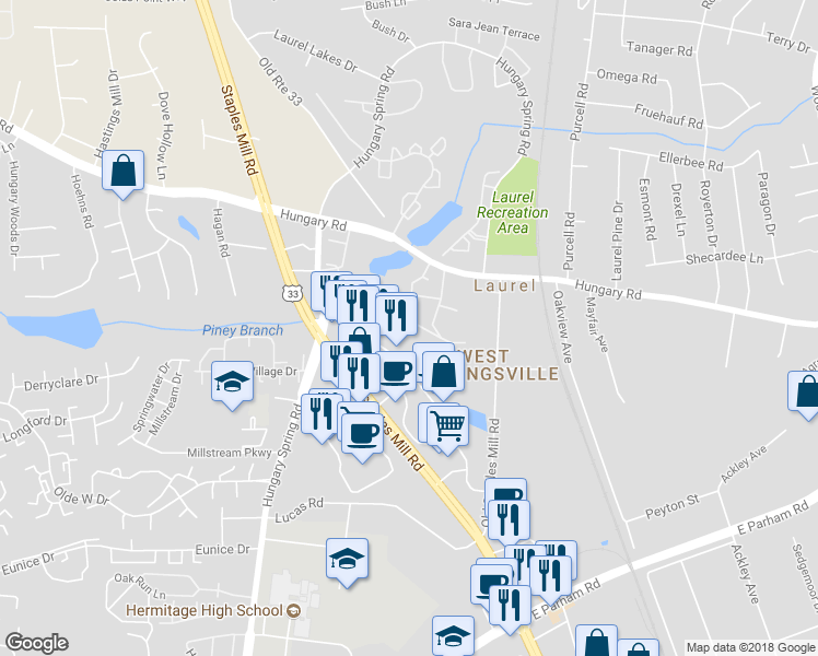 map of restaurants, bars, coffee shops, grocery stores, and more near 9126 Silverbush Drive in Richmond