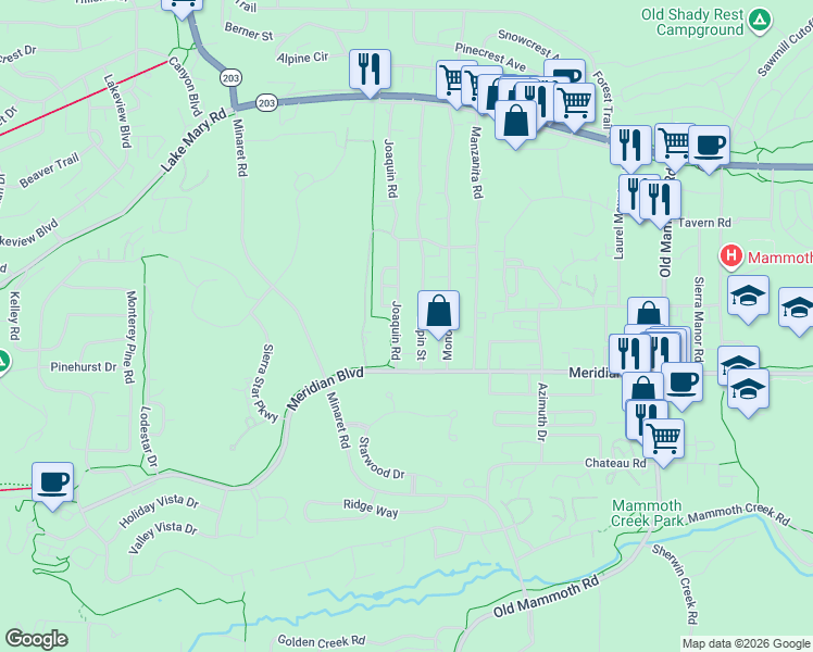 map of restaurants, bars, coffee shops, grocery stores, and more near 474 Joaquin Road in Mammoth Lakes