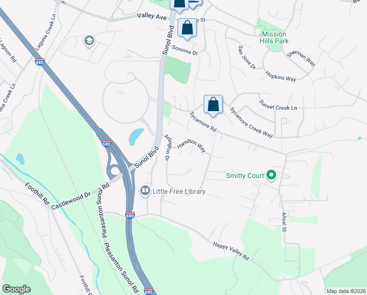 map of restaurants, bars, coffee shops, grocery stores, and more near 6580 Lansing Court in Pleasanton