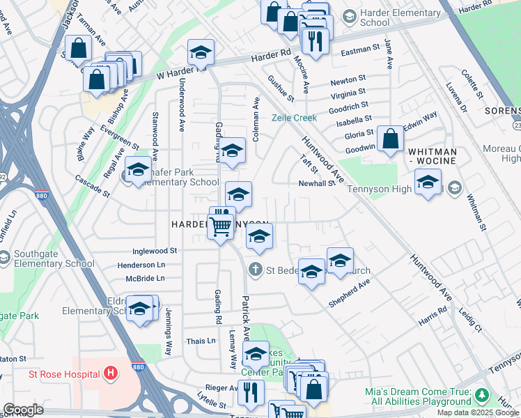 map of restaurants, bars, coffee shops, grocery stores, and more near 876 Schafer Road in Hayward