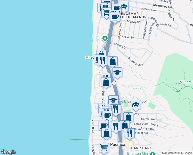 map of restaurants, bars, coffee shops, grocery stores, and more near 1300 Palmetto Avenue in Pacifica