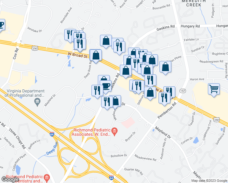 map of restaurants, bars, coffee shops, grocery stores, and more near 3811 Gaskins Road in Henrico County