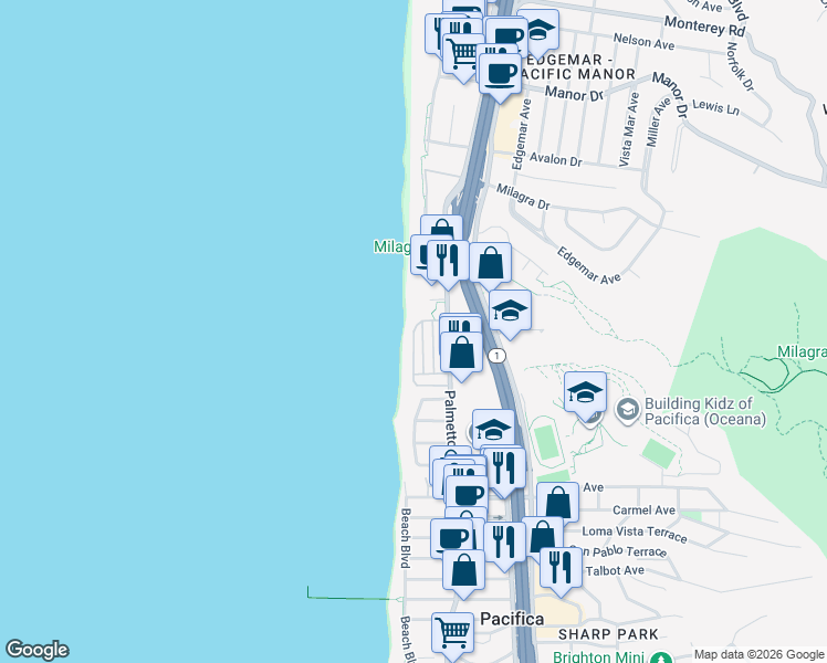 map of restaurants, bars, coffee shops, grocery stores, and more near 400 4th Avenue in Pacifica