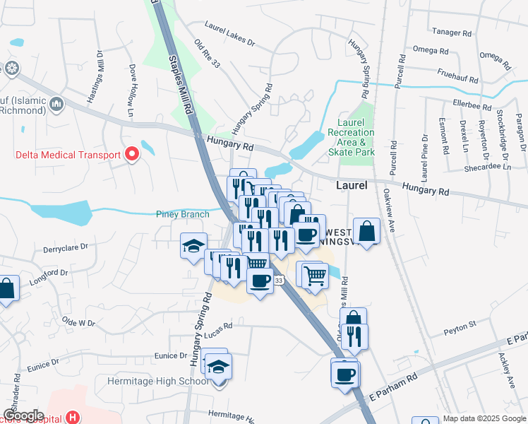 map of restaurants, bars, coffee shops, grocery stores, and more near 9157 Staples Mill Road in Henrico