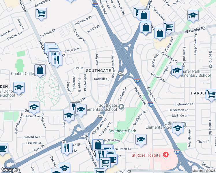 map of restaurants, bars, coffee shops, grocery stores, and more near 1234 Stanhope Lane in Hayward